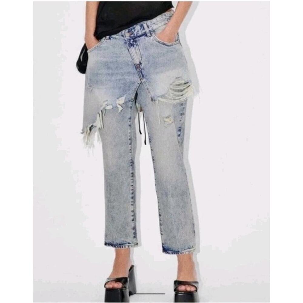 ZARA LAYERED NWT Jeans MID-RISE ZW STRAIGHT LEG Skirt Overlay Sz 0 - Picture 4 of 8